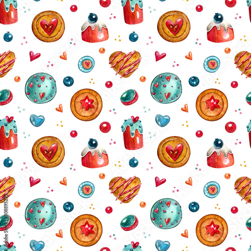 Watercolor seamless pattern with candies, biscuits and caramel hearts. Bright background for textiles, wrapping paper, postcards and other designs.