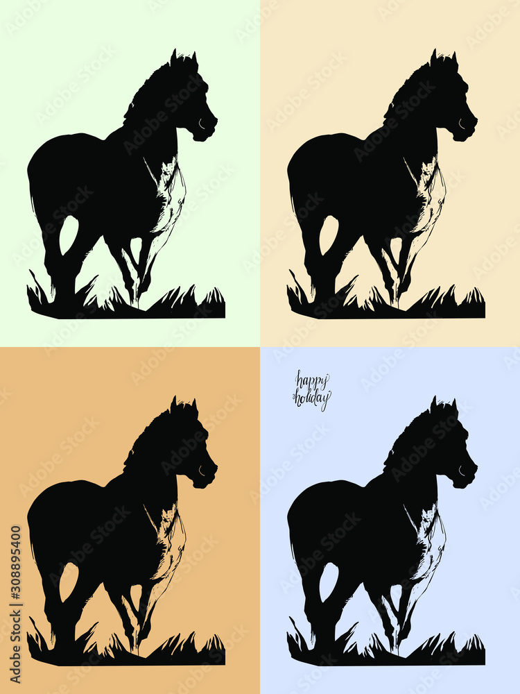 Fototapeta set of four images , black vector isolated horse silhouette on colored background and inscription 