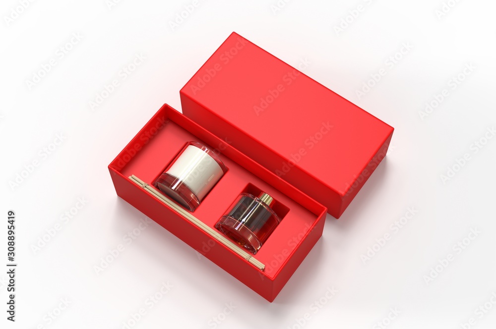 Blank Reed Diffuser Gift Set Boxed Aroma Rattan Stick Fragrance Scent Perfume For Template. 3d render illustration. Blank Reed Diffuser Gift Set Boxed Aroma Rattan Stick Fragrance Scent Perfume For Template. 3d render illustration.