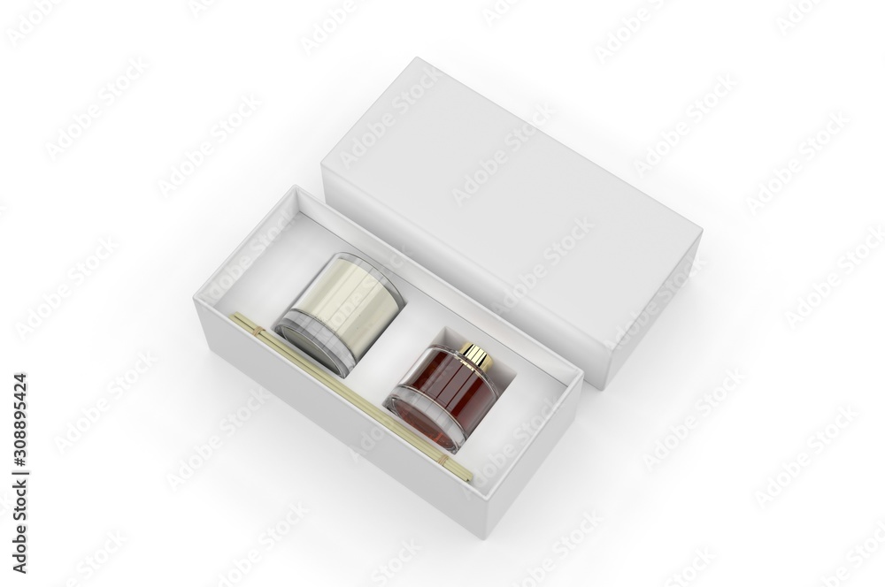 Blank Reed Diffuser Gift Set Boxed Aroma Rattan Stick Fragrance Scent Perfume For Template. 3d render illustration. Blank Reed Diffuser Gift Set Boxed Aroma Rattan Stick Fragrance Scent Perfume For Template. 3d render illustration.