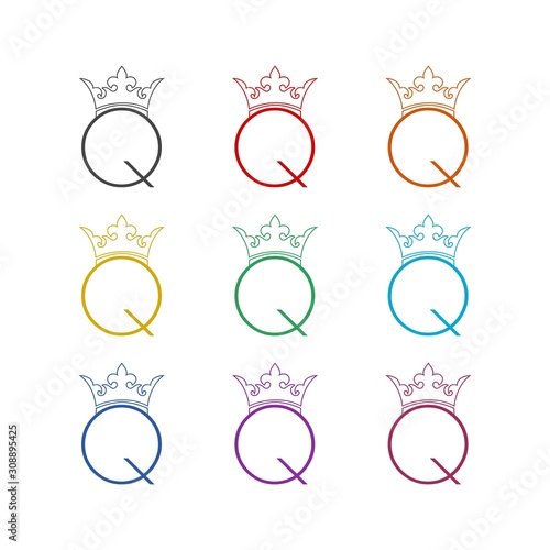 Q letter silhouette. Medieval queen crown color icon set isolated on white background