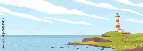 Lighthouse on seashore flat vector illustration. Island pharos, light house, seascape, signal building on seaside. Coastline landscape with beacon. Hope symbol, expectation, solitude concept.