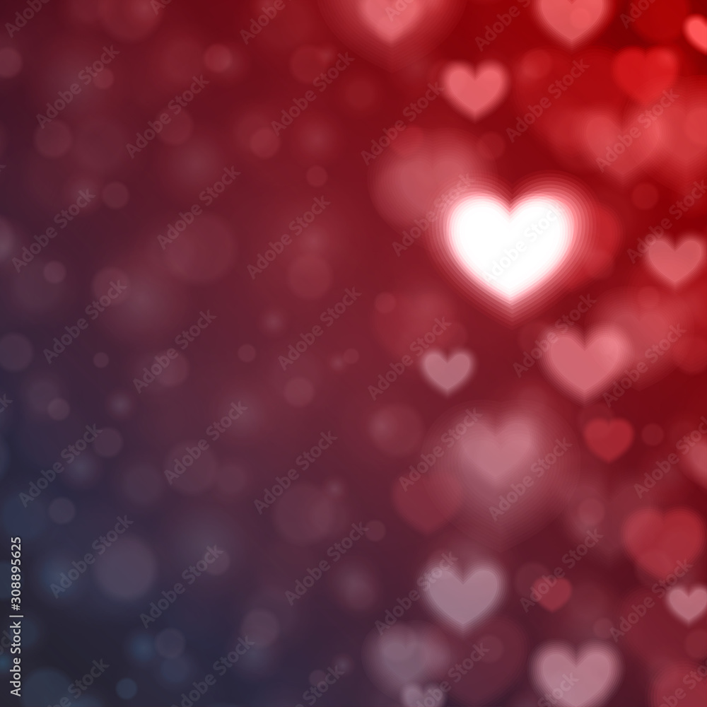 Hearts defocused lights and glowing bokeh shapes color background valentines day card or banner