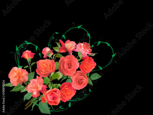 rose bunch with bright blooms on black