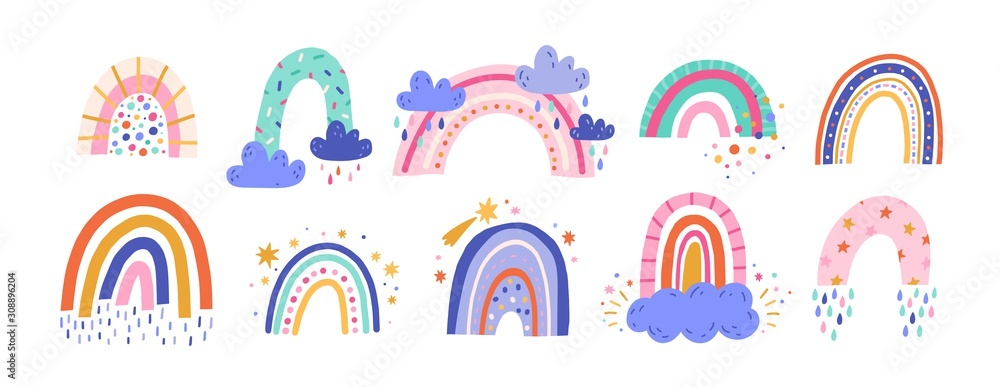 Cute colorful rainbows set. Childish flat vector illustrations collection. Weather forecast, meteorology. Rainy clouds and stars isolated on white background. T shirt print design element.