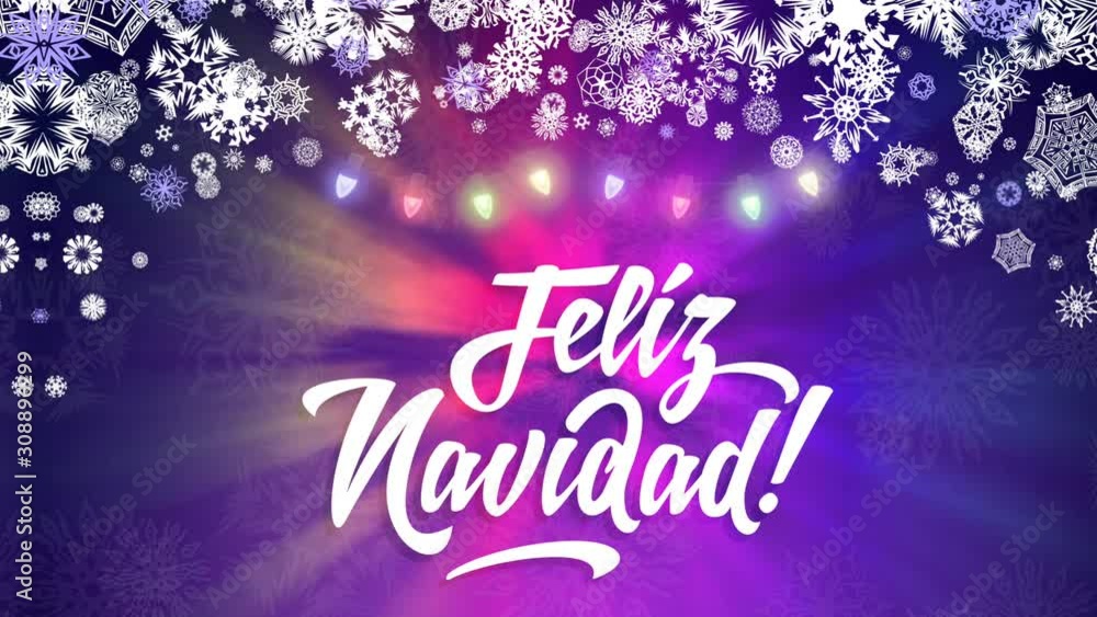 Feliz Navidad - Merry Christmas in spanish language purple loop animation design with colorful lights and snowflakes
