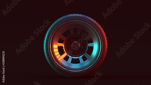 Silver Alloy Rim Wheel Retro Wheel with a Semi Closed Design with Racing Tyre with Red Blue Moody 80s lighting 3d illustration 3d render