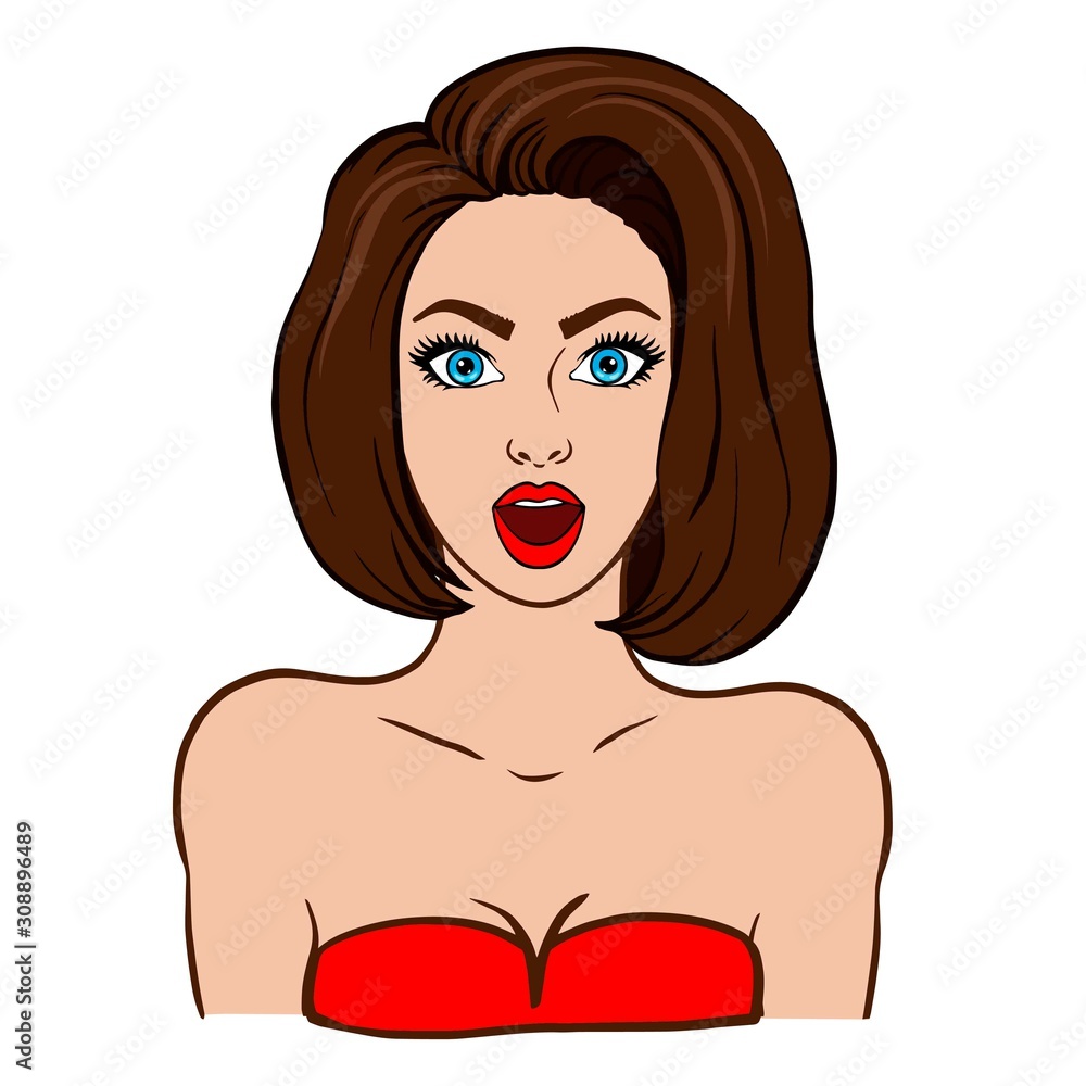 Doodle sketch short-haired brunette girl. Illustration of a surprised pop art woman Doodle sketch short-haired brunette girl. Illustration of a surprised pop art woman