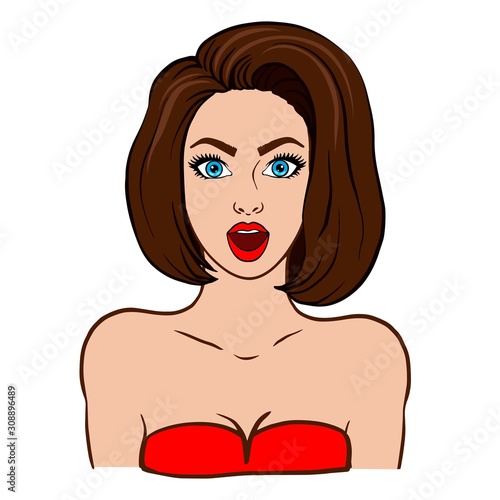 Doodle sketch short-haired brunette girl. Illustration of a surprised pop art woman 