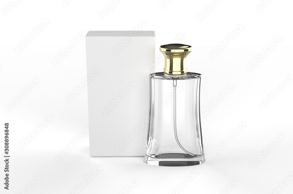 Blank perfume bottle and box for branding. 3d render illustration. Blank perfume bottle and box for branding. 3d render illustration.