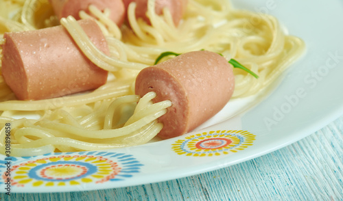 Sausages stuffed with spaghett photo