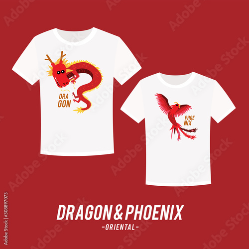 Couple tee shirt design with cute dragon and phoenix