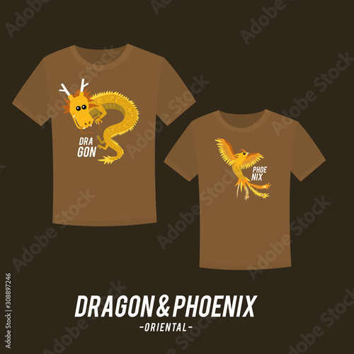 Couple tee shirt design with cute dragon and phoenix
