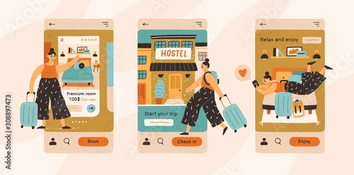 Hostel check-in steps vector illustrations set. Online guesthouse choice and booking app interface. Temporary housing search concept. Female traveler with baggage, hotel guest cartoon character.