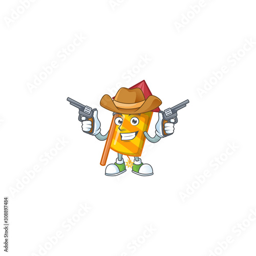 Yellow stripes fireworks rocket cartoon character as a Cowboy holding guns