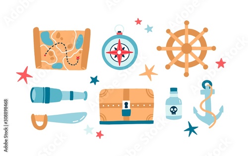 Pirate items flat vector illustrations set. Anchor, spyglass, saber, steering wheel isolated color pack. Wooden treasure chest. Childish quest map on white background. Symbols of piracy. photo