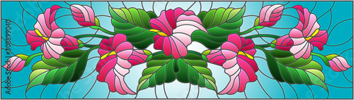 Illustration in stained glass style with a floral arrangement of Calla flowers  pink Calla and leaves on a blue background
