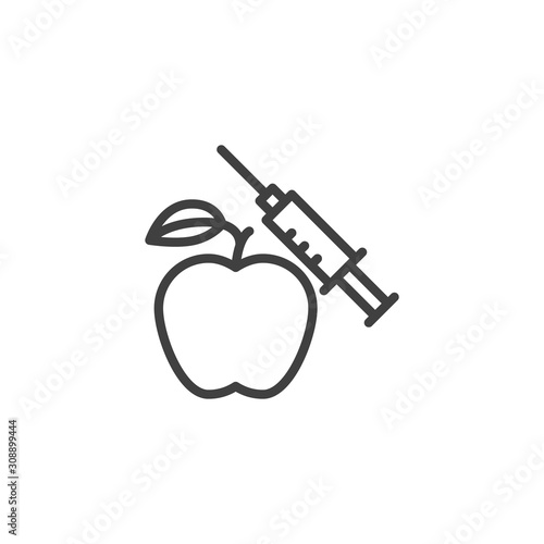Apple with syringe line icon. linear style sign for mobile concept and web design. GMO, genetic engineering outline vector icon. Symbol, logo illustration. Vector graphics