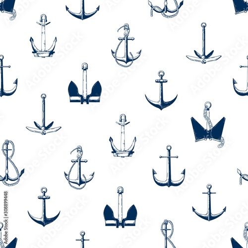 Ship anchors vector seamless pattern. Armature different types monochrome texture. Boat accessories, vessel attributes monocolor background. Creative textile, wallpaper, wrapping paper design.