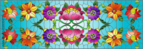 Illustration in stained glass style with abstract  swirls,flowers and leaves  on a blue background,horizontal orientation
