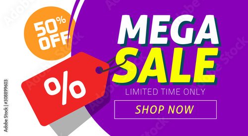 Mega sale banner design with price discount offer tag vector illustration, flat clearance promotion or special deal off web banner template or flyer cover