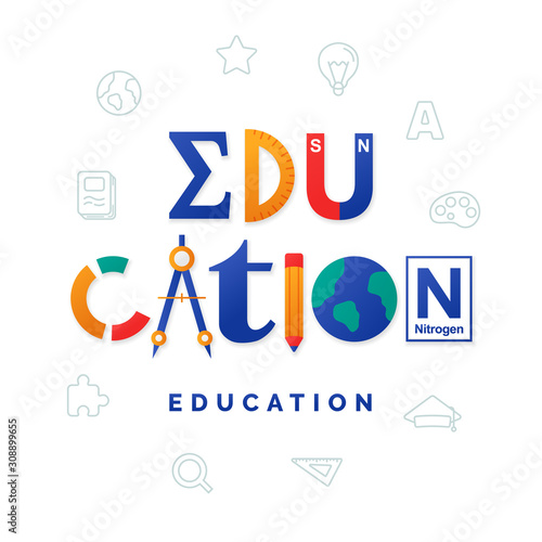 Education typography text design from school study related tool icon vector illustration for international education day poster background