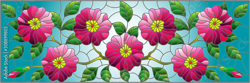 Illustration in stained glass style with floral arrangement of flowers, pink flowers and leaves on a blue background