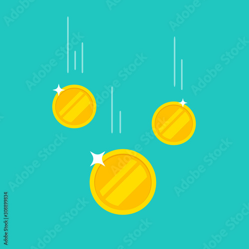 Coins money falling or dropping vector flat cartoon icon isolated on color background, tree golden coin flying, cashback income or savings