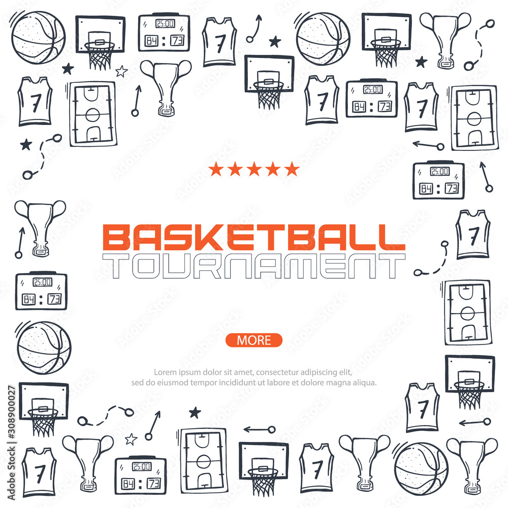 Basketball banner with hand draw doodle background.