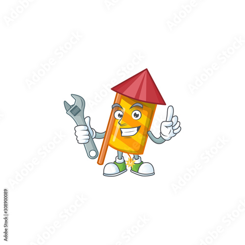 Professional Mechanic yellow stripes fireworks rocket mascot cartoon character style