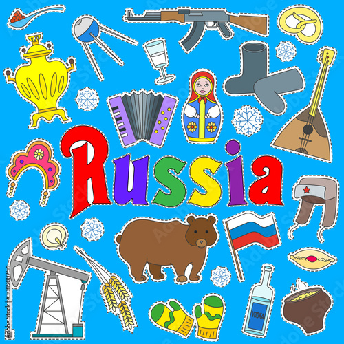 Set of icons on the theme of travel to the country of Russia, bright patches icons on a blue background photo