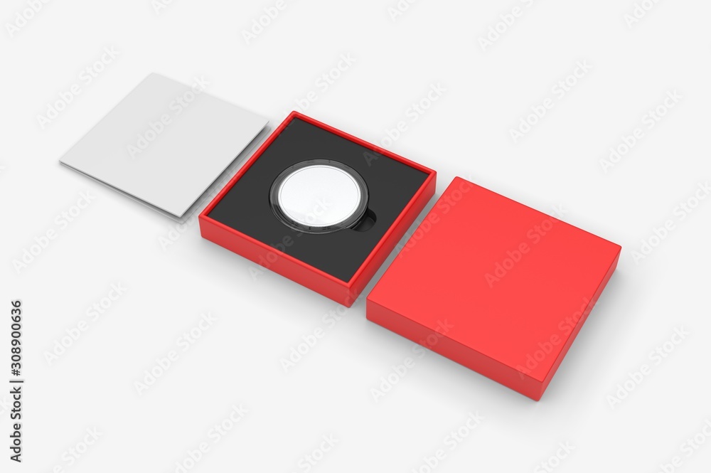 Blank proof coin in plastic case and paper box. 3d render illustration. Blank proof coin in plastic case and paper box. 3d render illustration.
