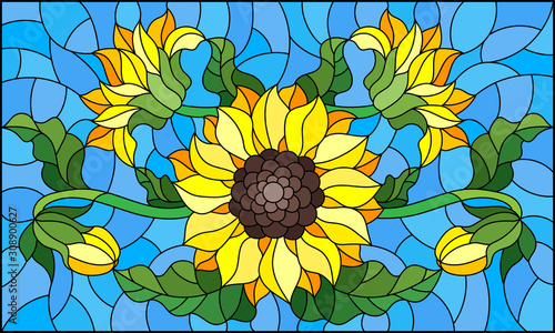 Illustration in stained glass style with a bouquet of sunflowers, flowers,buds and leaves of the flower on blue background