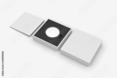 Blank proof coin in plastic case and paper box. 3d render illustration.