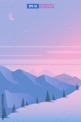 Beautiful sunrise or sunset snow winter mountain landscape with moon or sun. Vector concept for weather app. Nature scenery background vector illustration