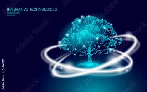 Glowing plant tree ecological abstract concept. 3D render planting soil seedling leaves. Save planet nature environment grow life. Eco polygon triangles low poly vector illustration