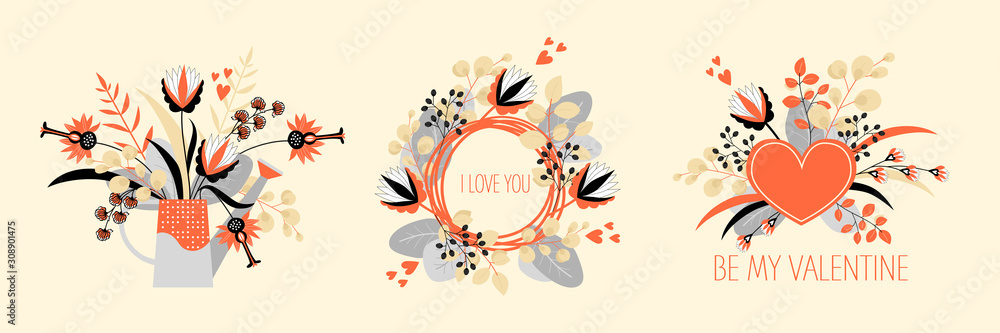 Set of vector illustrations for the day of the saint valentine. Wreath, bouquet and composition of original flowers or leaves in vintage style.