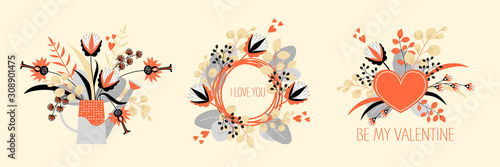 Set of vector illustrations for the day of the saint valentine. Wreath, bouquet and composition of original flowers or leaves in vintage style.