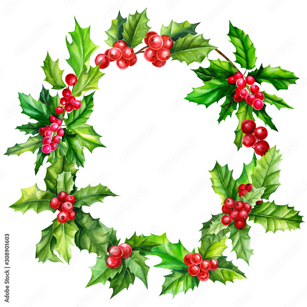 wreath of branches, leaves and berries of holly, watercolor illustration, hand drawing wreath of branches, leaves and berries of holly, watercolor illustration, hand drawing