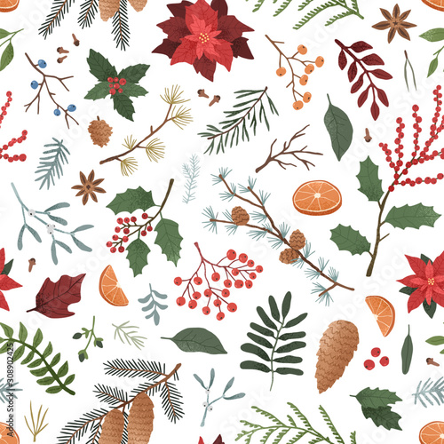 Winter botanical color vector seamless pattern
