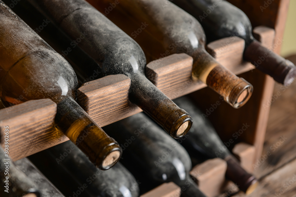 Holder with bottles of wine in cellar, closeup