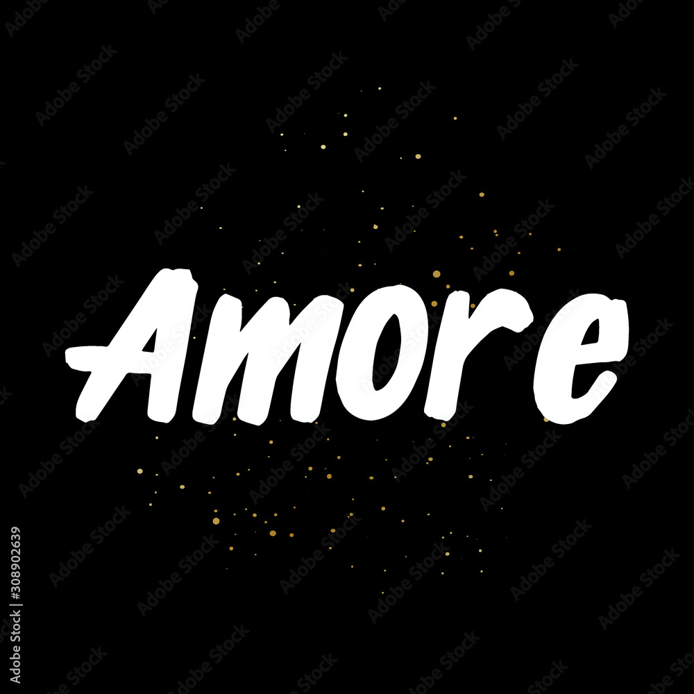 Amore brush paint hand drawn lettering on black background with splashes. Love in italian language design templates for greeting cards, overlays, posters