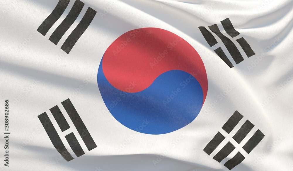 Waving national flag of South Korea. Waved highly detailed close-up 3D render. Waving national flag of South Korea. Waved highly detailed close-up 3D render.