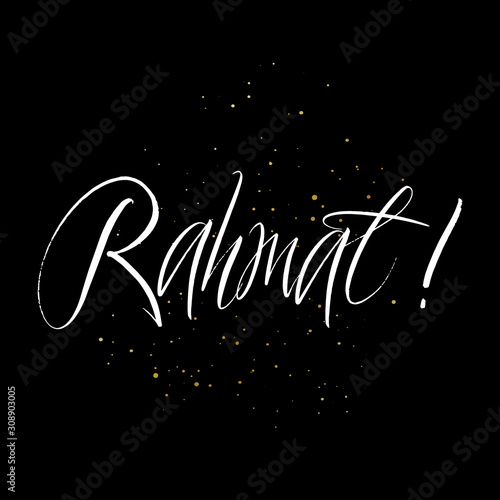 Rahmat brush paint hand drawn lettering on black background with splashes. Thanks in arabian language templates for greeting cards, overlays, posters photo