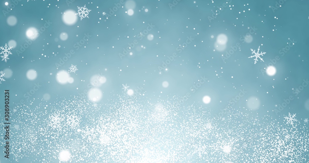 Fototapeta premium Snowflakes and bokeh lights on the blue Merry Christmas background. 3D rendering