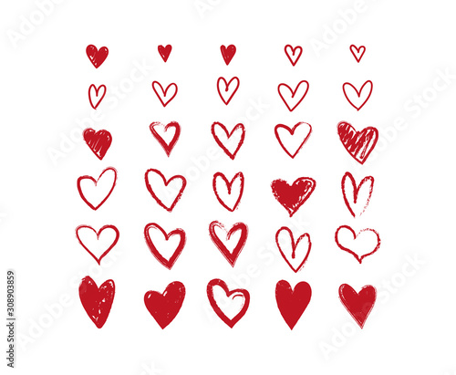 A poster with beautiful red hearts. Modern set of heart symbols, design element, logo, icon. Silhouettes and contours for weddings, invitations, Valentine s day.  vector illustration isolated 