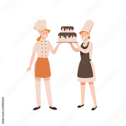 Female confectioners flat vector illustration. Pasty cookers holding two-tier...