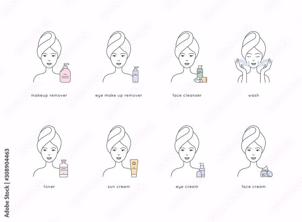Face care routine. Girl Cleaning And Care Her Face With Various Actions Set. Skincare vector. Face care routine. Girl Cleaning And Care Her Face With Various Actions Set. Skincare vector.