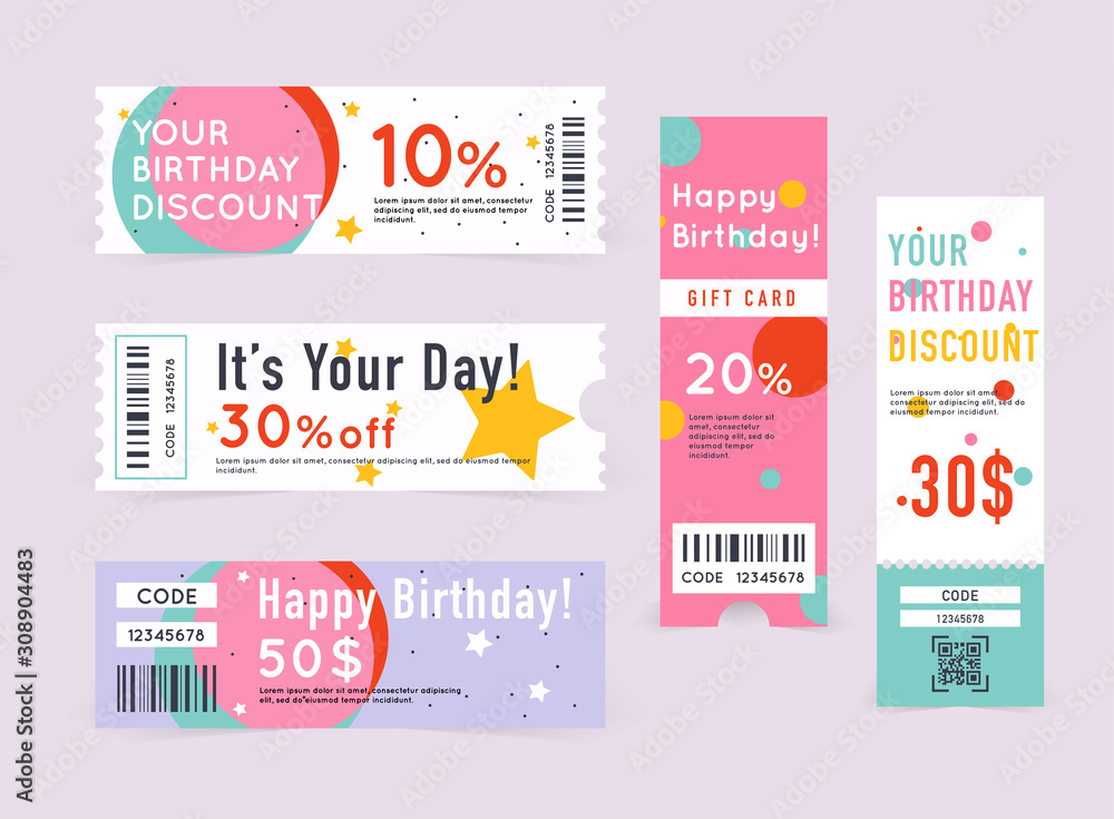 Gift card with coupon code. happy Birthday coupon illustration.