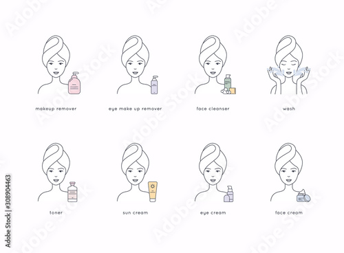 Face care routine. Girl Cleaning And Care Her Face With Various Actions Set. Skincare vector.